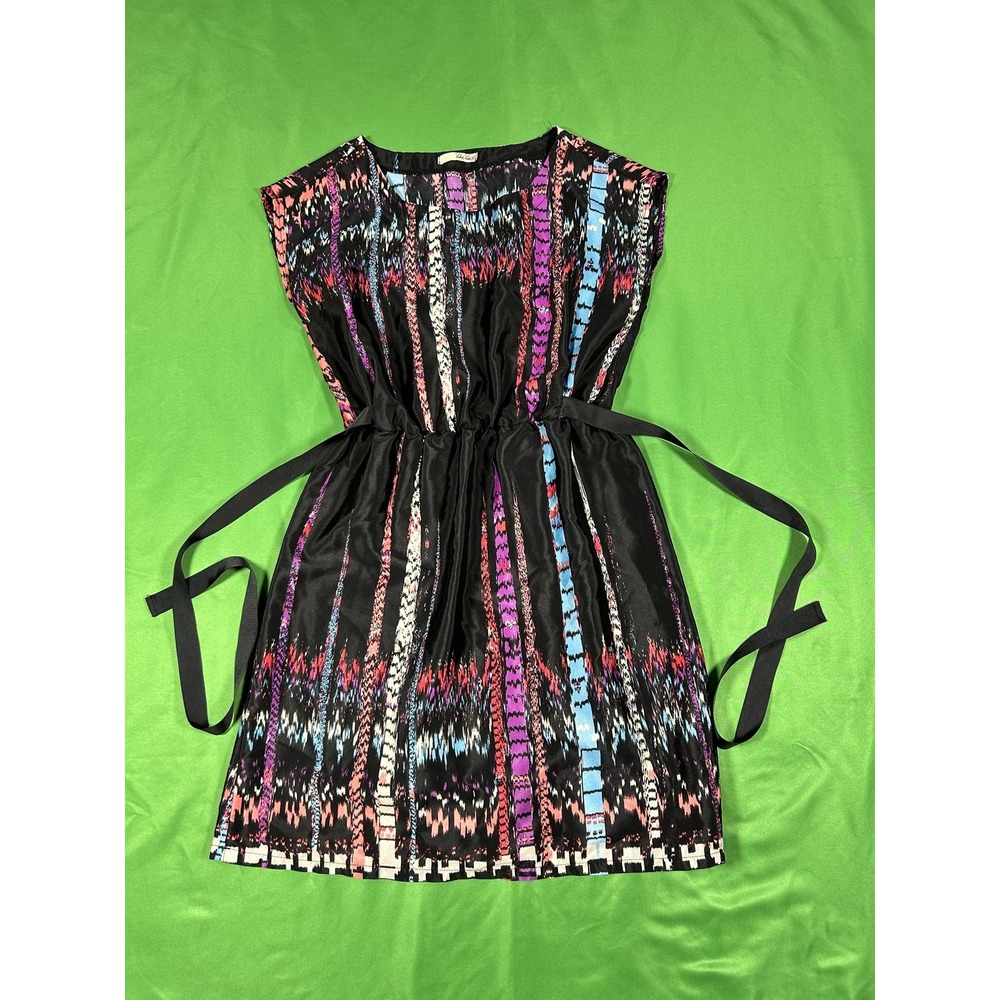 Be Bop Vintage Inspired Ikat Print Mini Dress Black Multi Waist Tie M